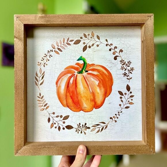 Other - Wood Framed Pumpkin Seasonal Fall Autumn Farmhouse Wall Hanging Art Decor